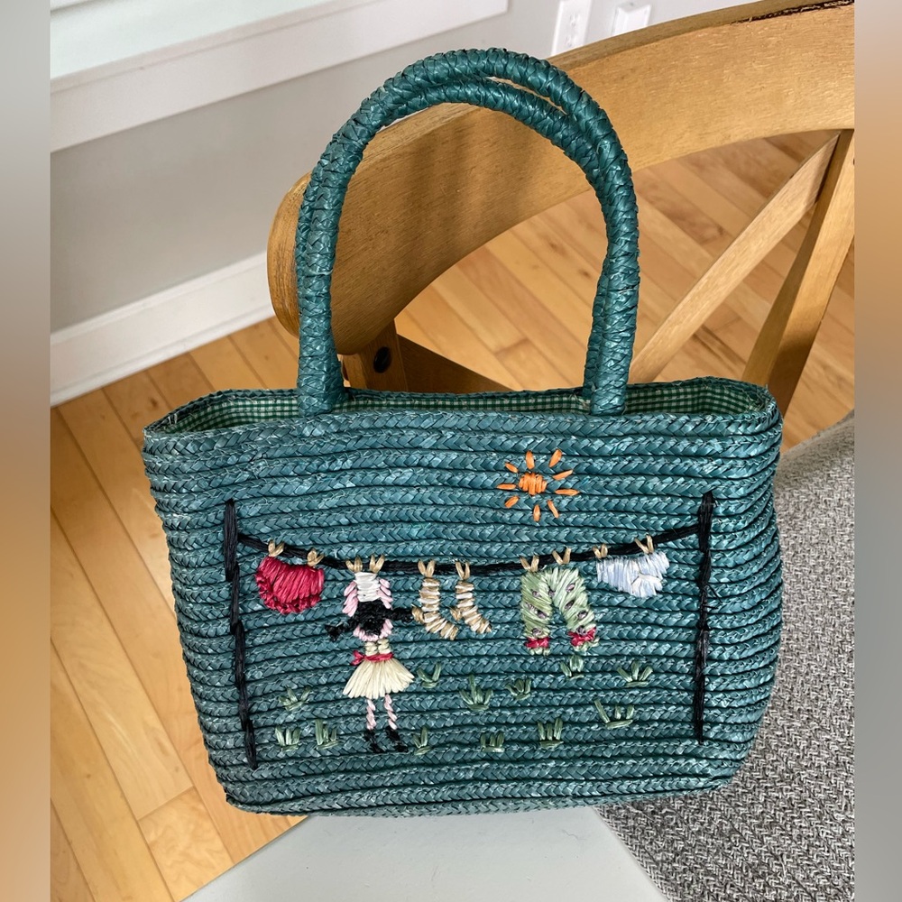 Vintage Teal Blue Green Embroidered Mini Bag with Green Gingham Cotton Lining